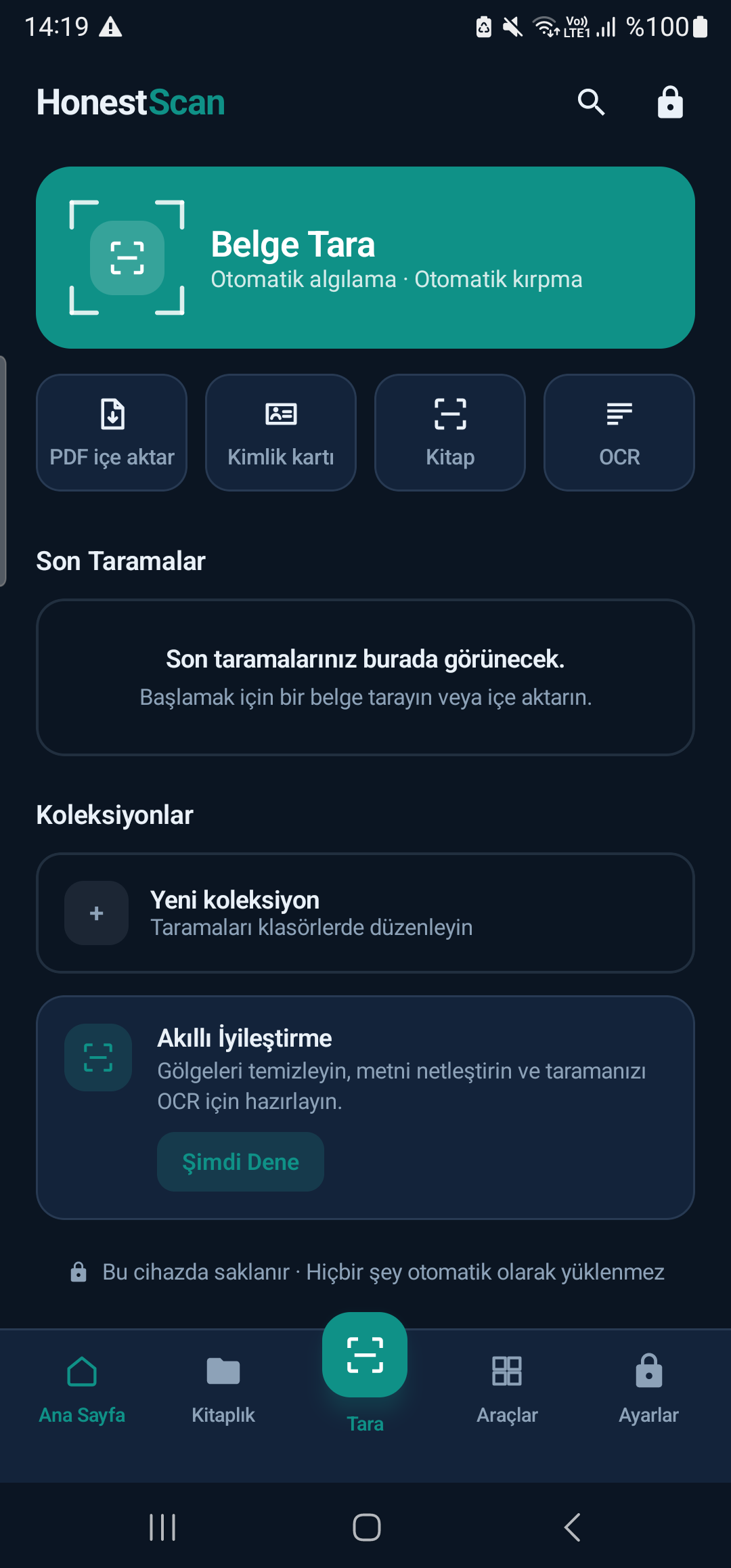 HonestScan ana ekranı — filigran yok, reklam yok