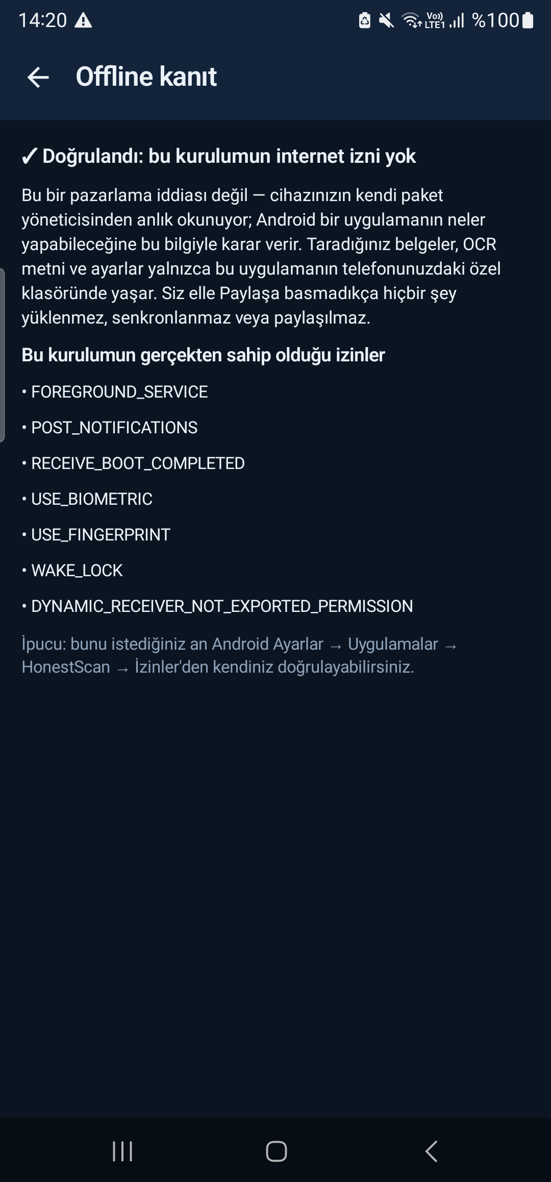 Offline Kanıt ekranı — canlı izin listesi