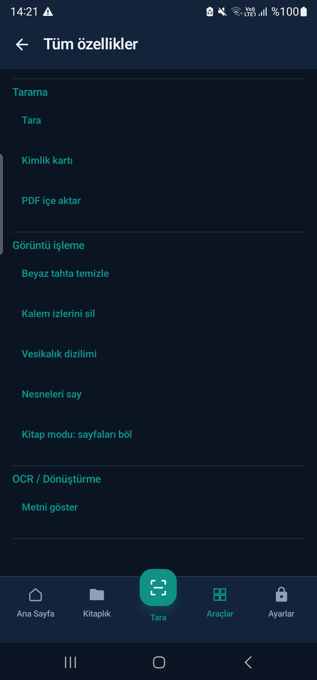 Tüm özellikler listesi